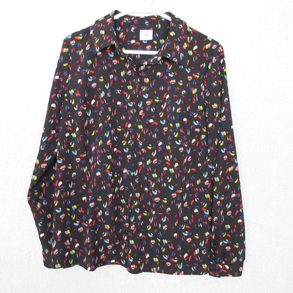 CAbi Blouse Womens S Black Multicolor Brushstroke Print Button Front Long Sleeve